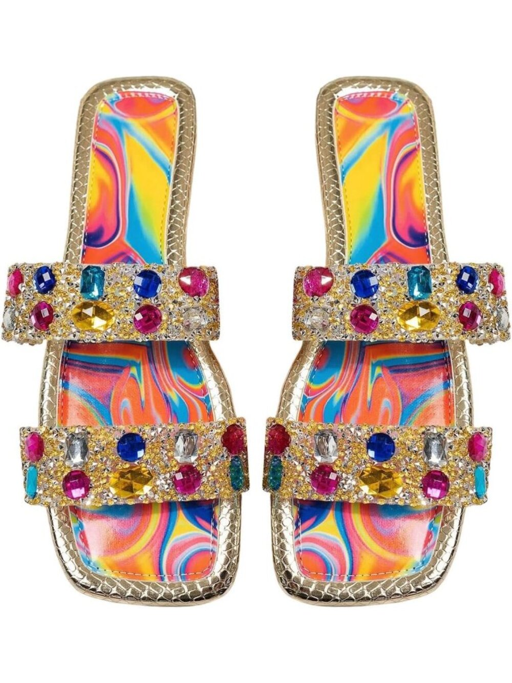 🆕Women's Gold 1 Rhinestone Rainbow Flat Sandals Sparkly Bling Slides Glitter